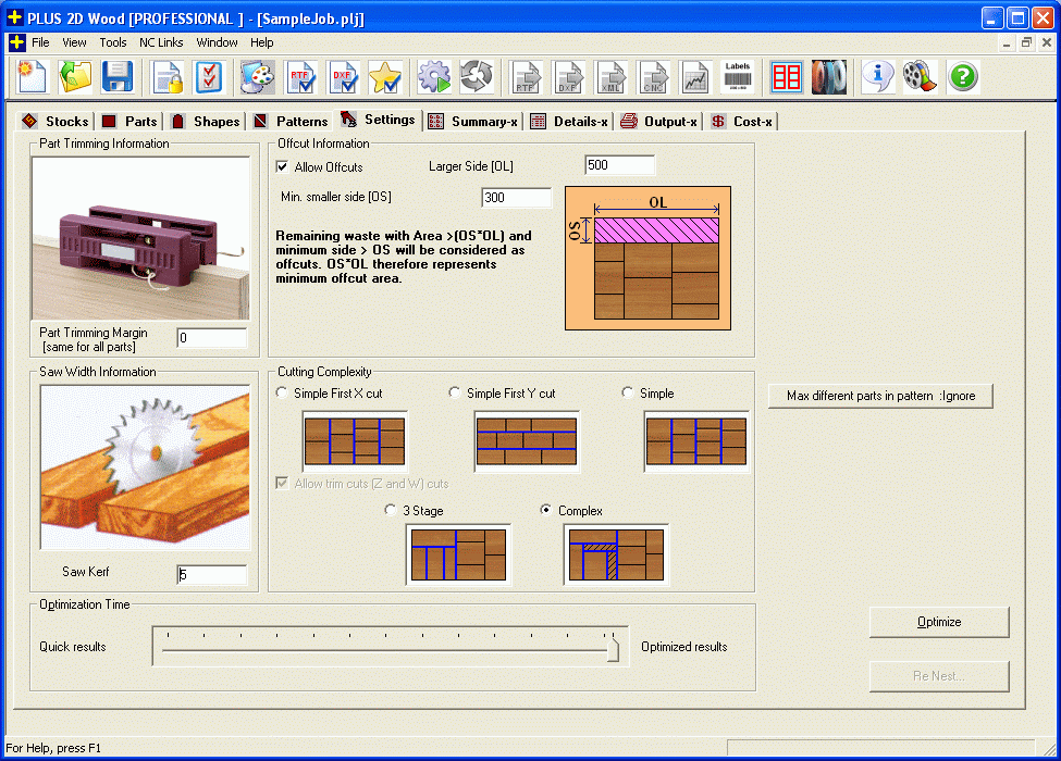 PLUS 2D - Wood Optimizer user interface